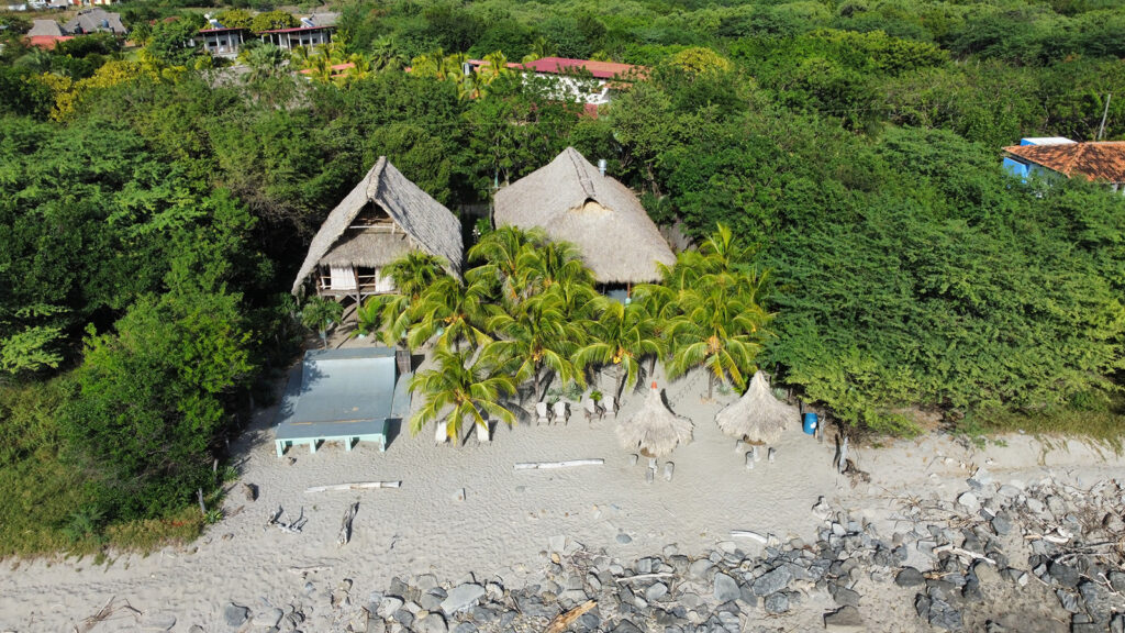 a group of houses on a beach with trees